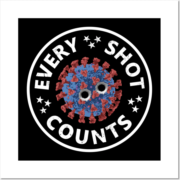 Every Shot Counts. Get Your Vaccine Shots. Virus particle with bullet holes. Wall Art by NuttyShirt